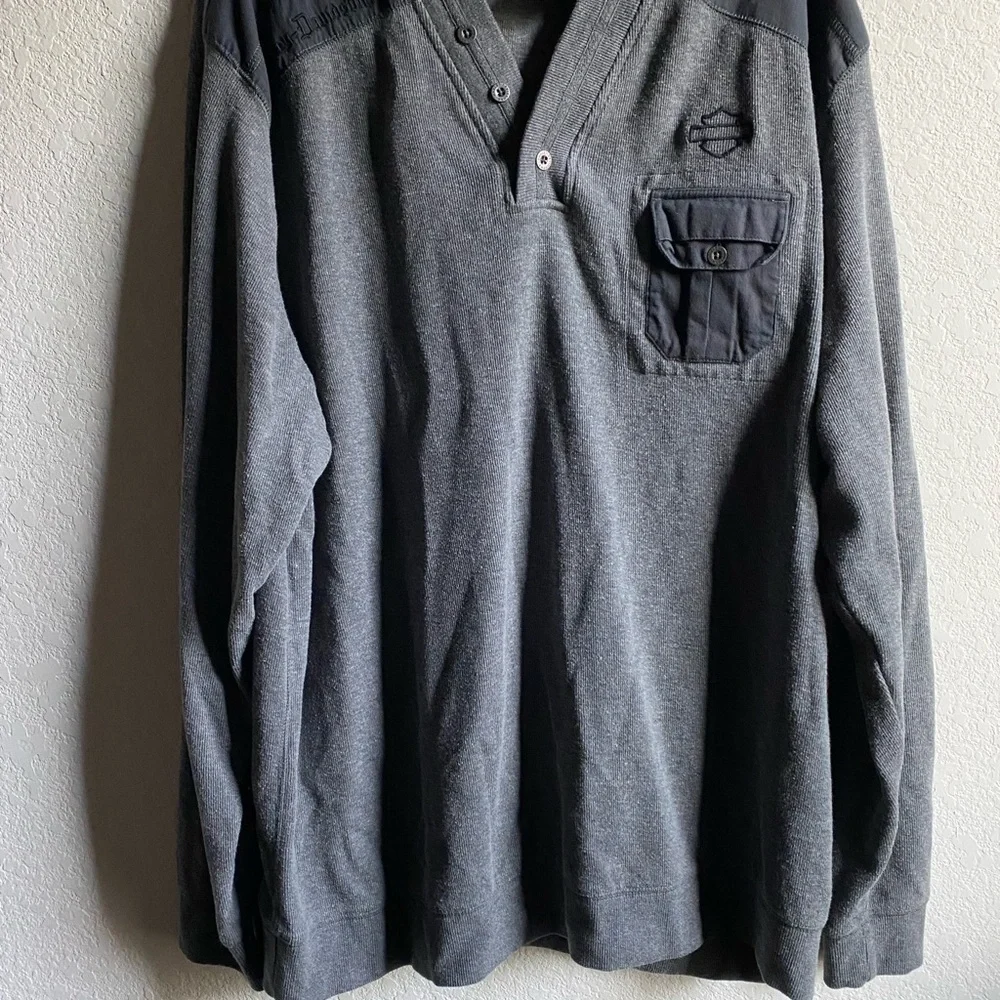 Harley Davidson Gray and Black Henley Long Sleeve 3 Button Pullover Sweater 2XL
